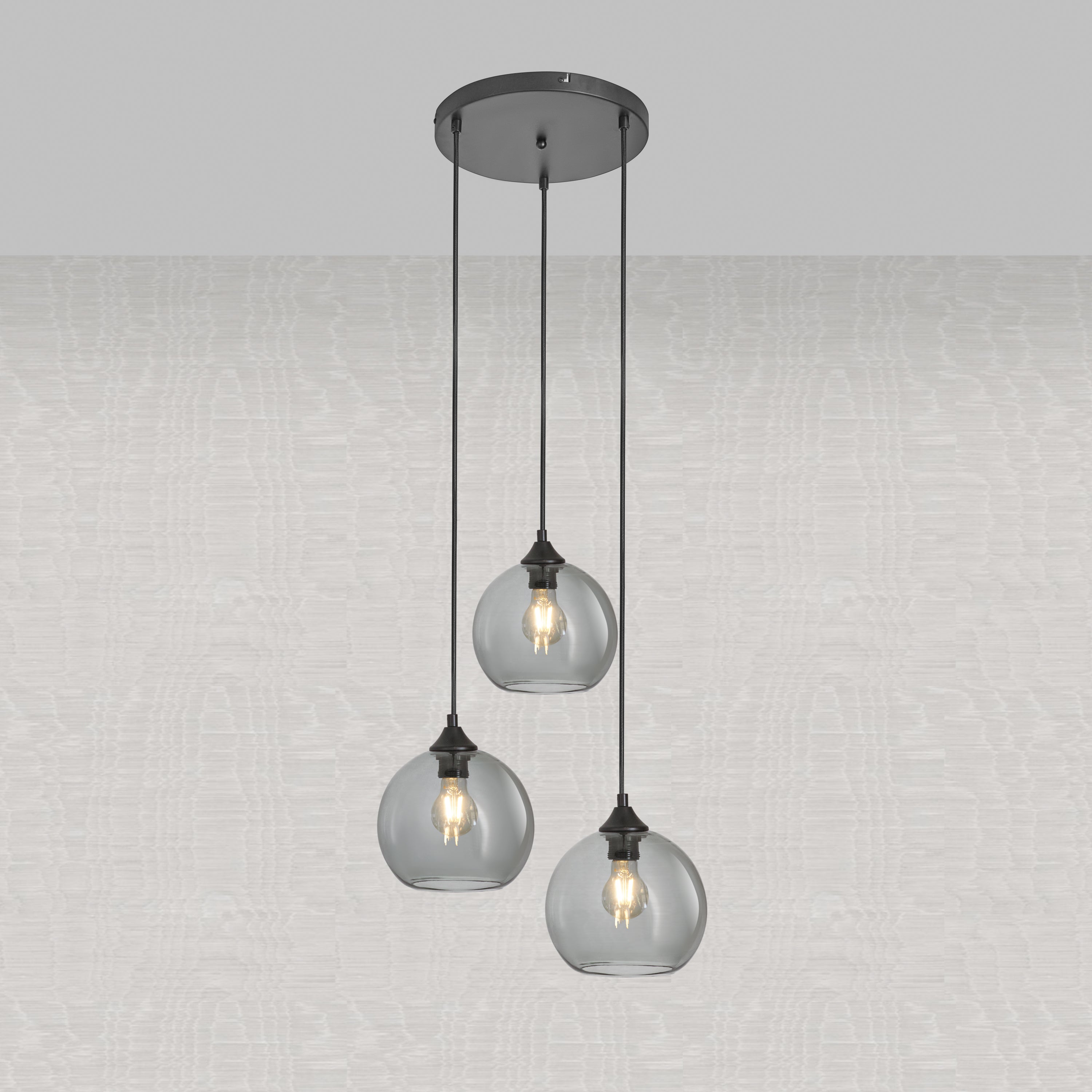 Lampa wisząca 3-punktowa z kulami, szkło czarne przydymione, styl industrialny, do salonu lub jadalni, LED