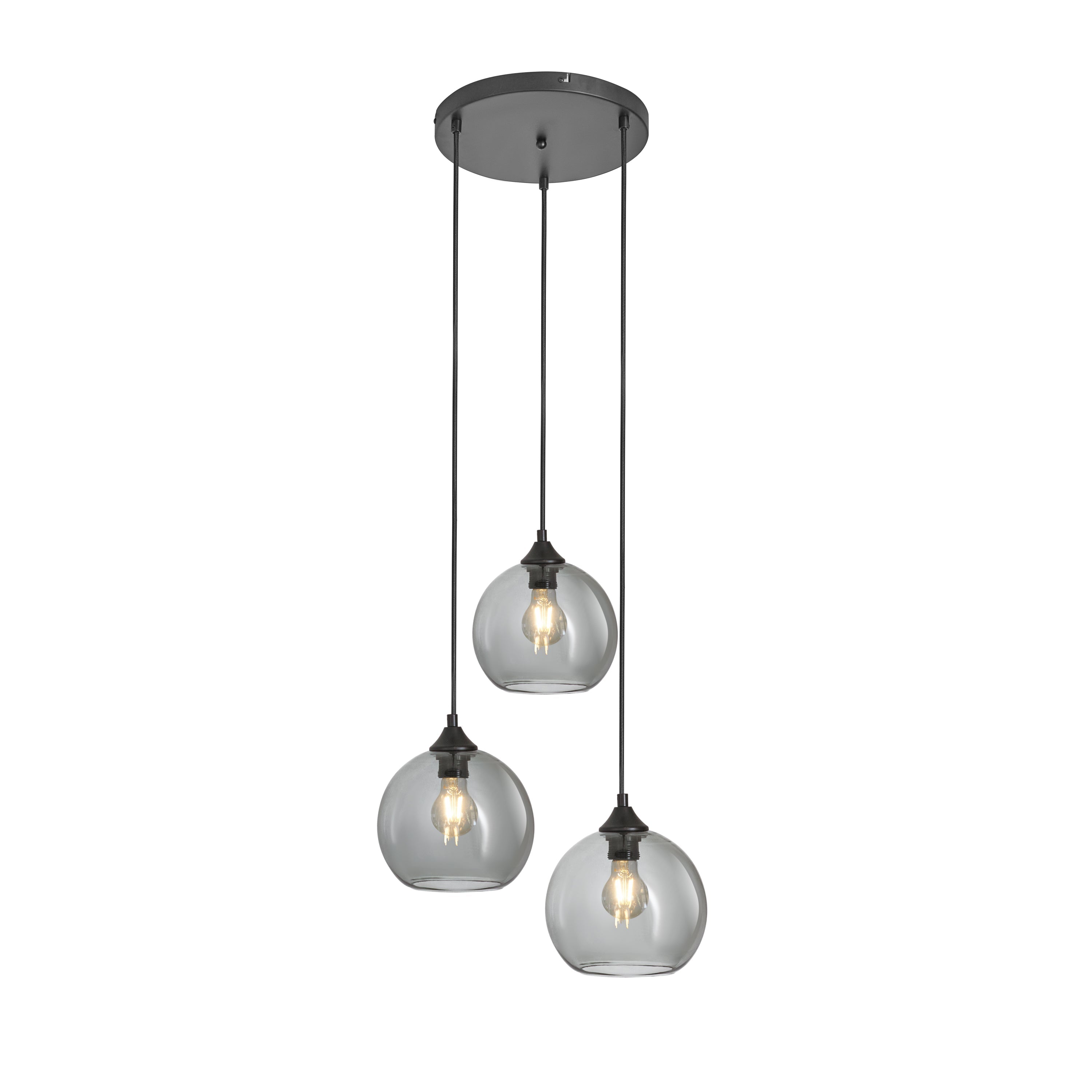 Lampa wisząca 3-punktowa z kulami, szkło czarne przydymione, styl industrialny, do salonu lub jadalni, LED
