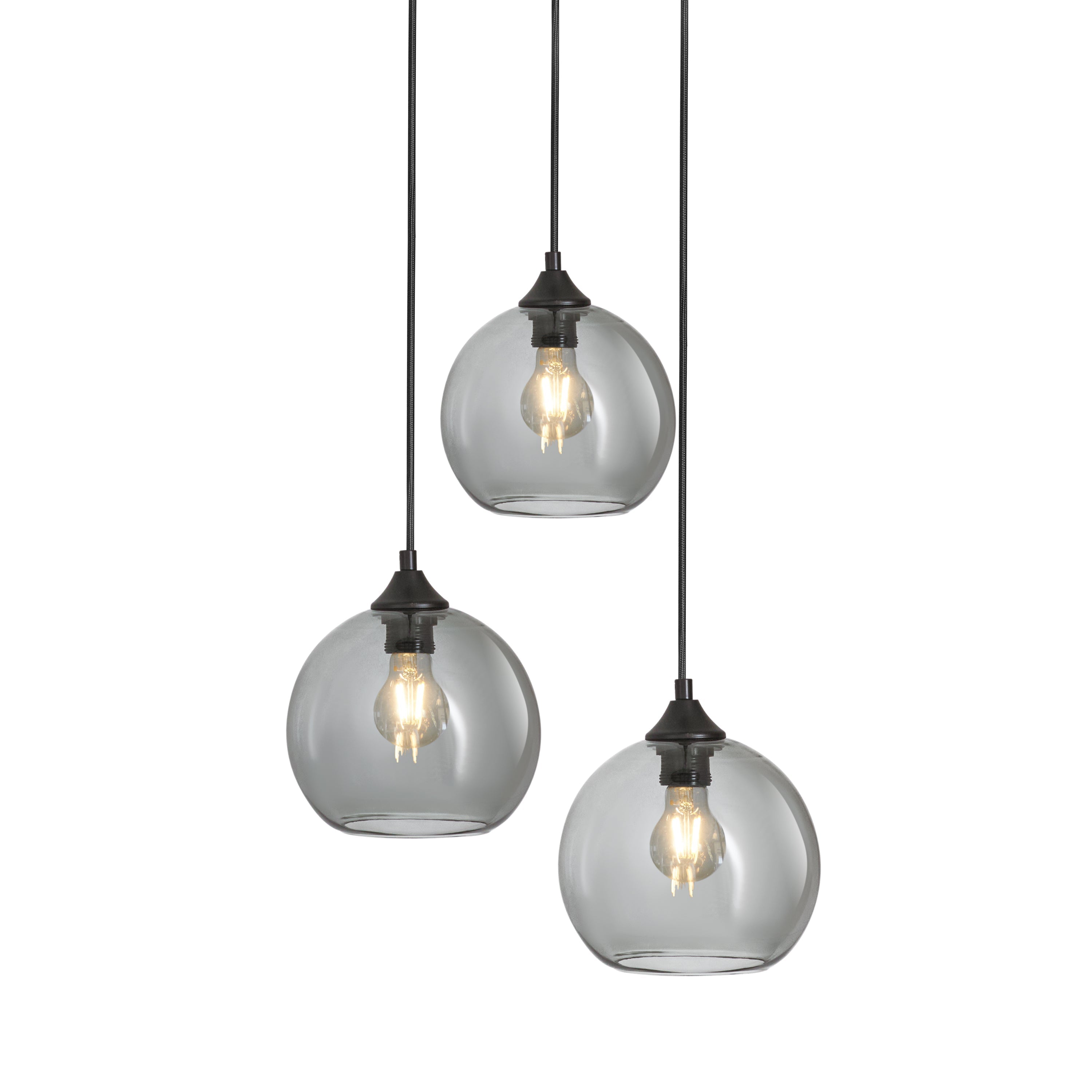 Lampa wisząca 3-punktowa z kulami, szkło czarne przydymione, styl industrialny, do salonu lub jadalni, LED