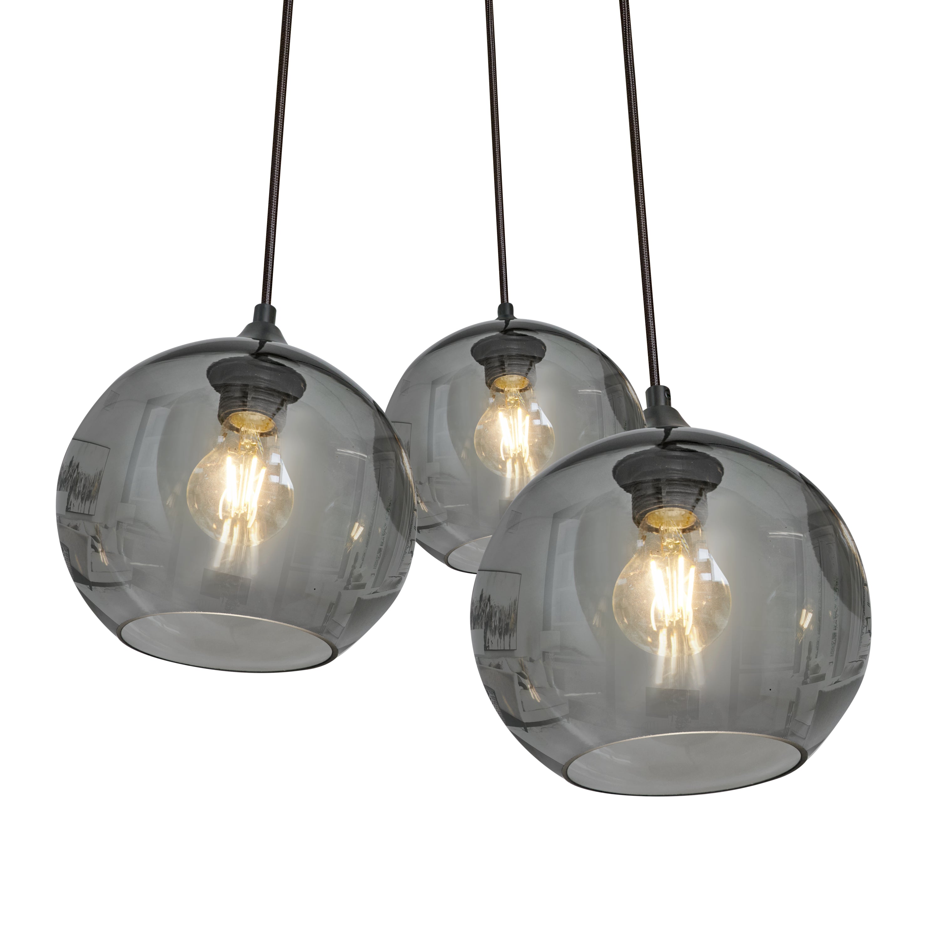 Lampa wisząca 3-punktowa z kulami, szkło czarne przydymione, styl industrialny, do salonu lub jadalni, LED